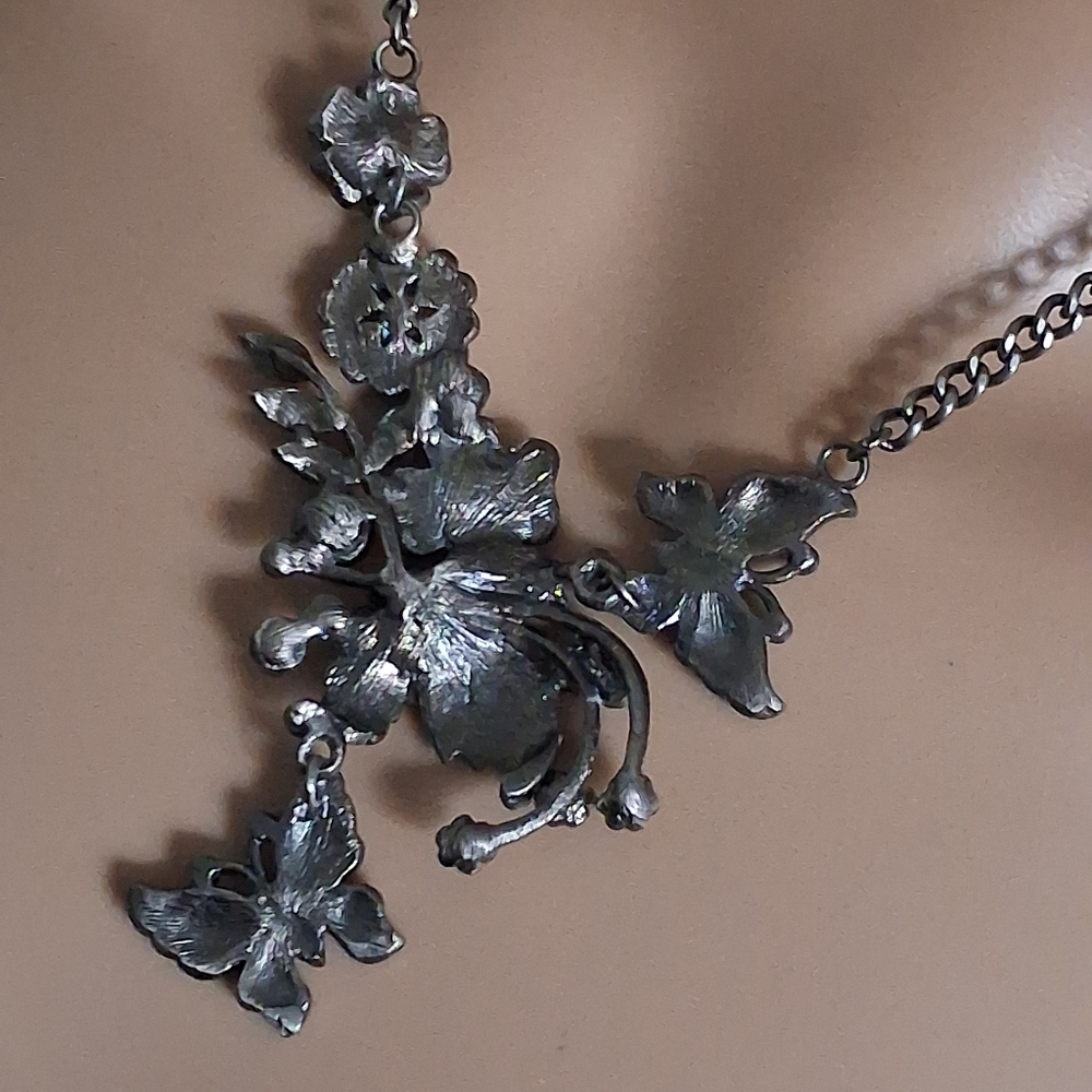 Silvertone Floral Butterfly Necklace with Blue and Pink Accents - Picture 7 of 10